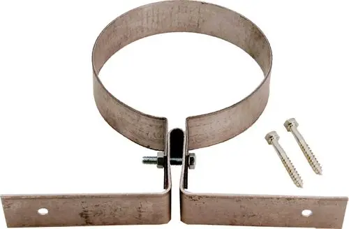 Materialhalter aus Metall mit einer runden Halterung, zwei Schrauben und zwei Befestigungswinkeln, geeignet für die Montage von Rohren oder ähnlichen Komponenten. Hersteller: Wolf.